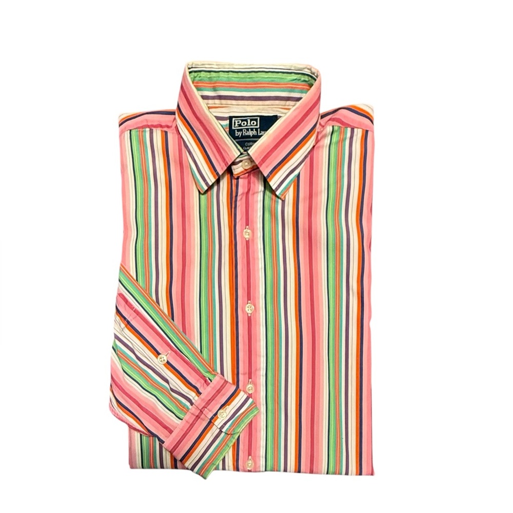 Ralph Lauren Pink/Green Striped Cotton Classic L/S Button Down Shirt Large